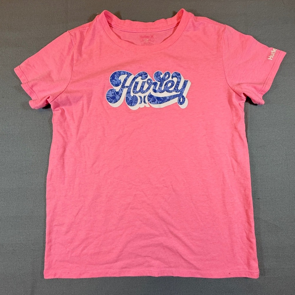 Hurley Girls Pink Graphic T-Shirt Blue Floral Logo Short Sleeve Size Large 2331